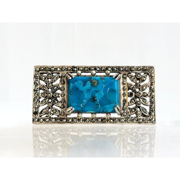 Art Deco Sterling Silver Natural Turquoise Marcasite Double Vintage Brooch Pin - Picture 3 of 10
